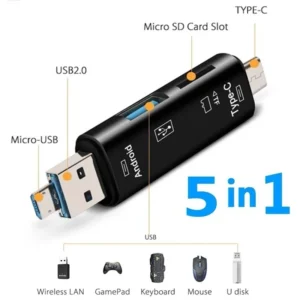 5 в 1 Mултифункционален USB 2.0 четец за карти – Type-C / USB / Micro USB / TF / SD (OTG адаптер за смартфон)